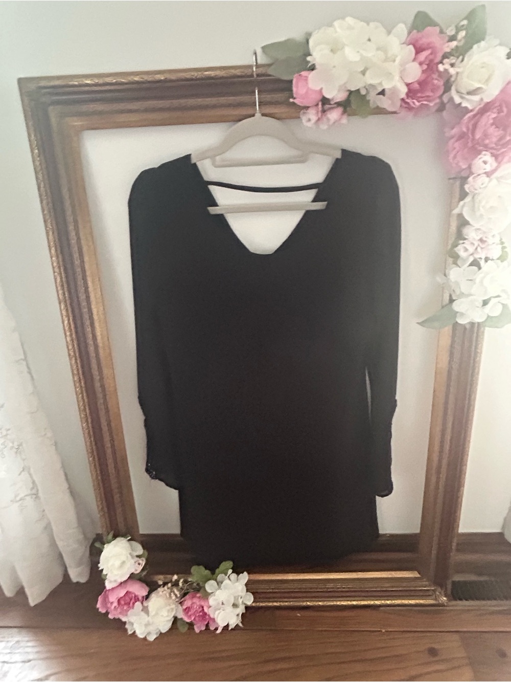 Speechless Black Long-Sleeve V-Neck Dress with  crochet detailed bell sleeves